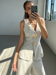 Aloruh 2 piezas Conjunto de ropa informal/invernal de oficina para mujer - Top sin mangas y pantalones