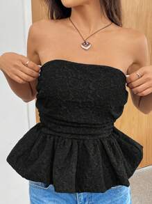 Muchica 女式花卉提花抹胸短款上衣 - 黑色 - 查看 3