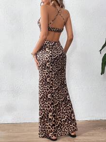 SHEIN VCAY Satin Maxi Fishtail Dress,Christmas Outfits,Party Wear,Halloween Outfits,Vacation Chiffon Leopard Print Cutout Strap Ruffle Hem Women Dress