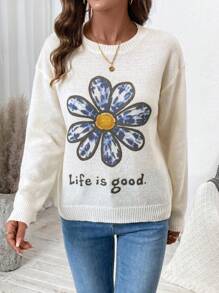 SHEIN LUNE 花卉字母图案圆领长袖毛衣，针织套头衫，秋冬款 - 白色 - 查看 1