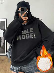 Muchica Sudadera de mujer de cuello redondo y manga larga con transferencia de alfabeto de diamantes de imitación - Negro - Ver 1