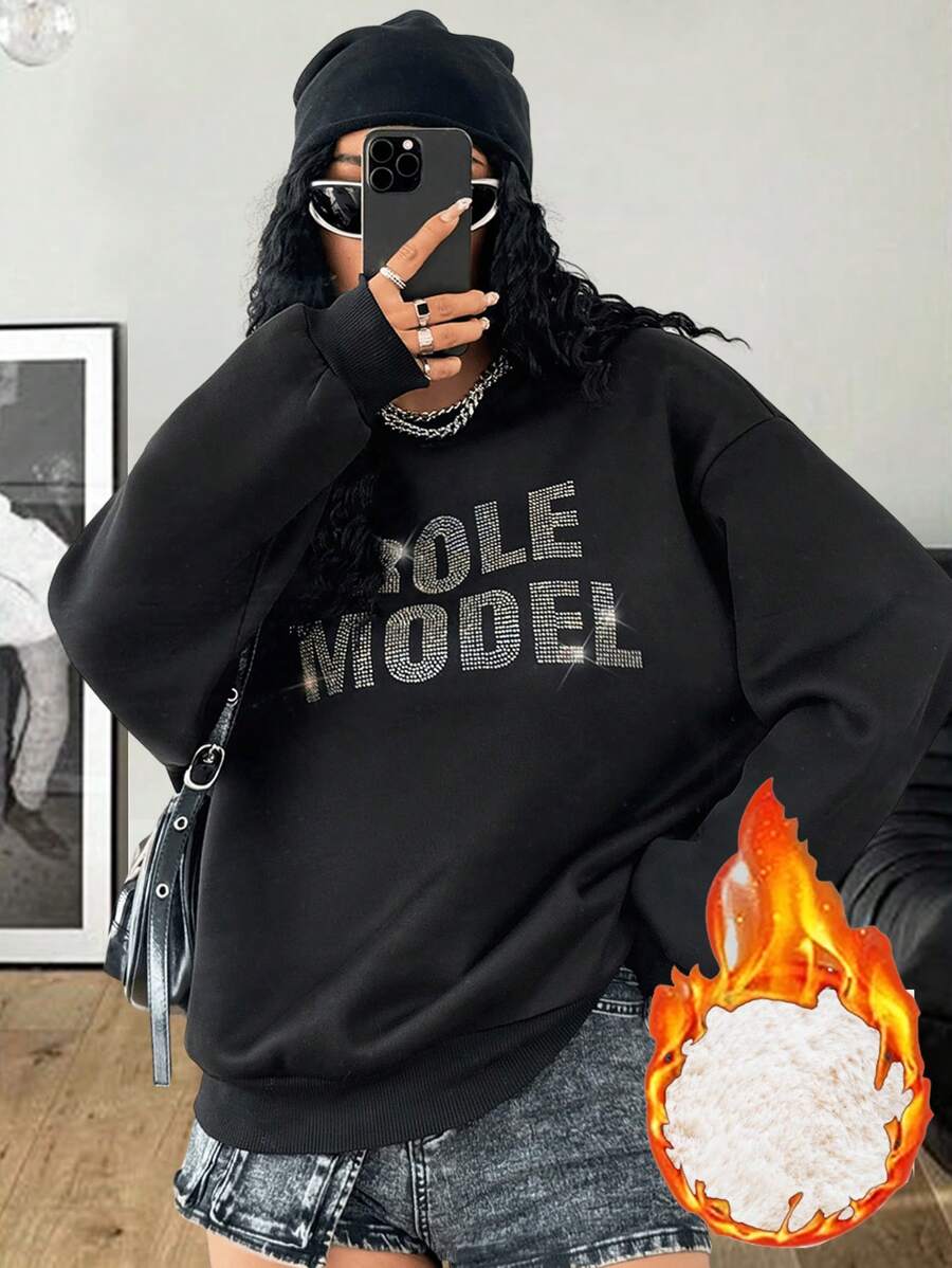 Muchica Sudadera de mujer de cuello redondo y manga larga con transferencia de alfabeto de diamantes de imitación - Negro - Ver 1