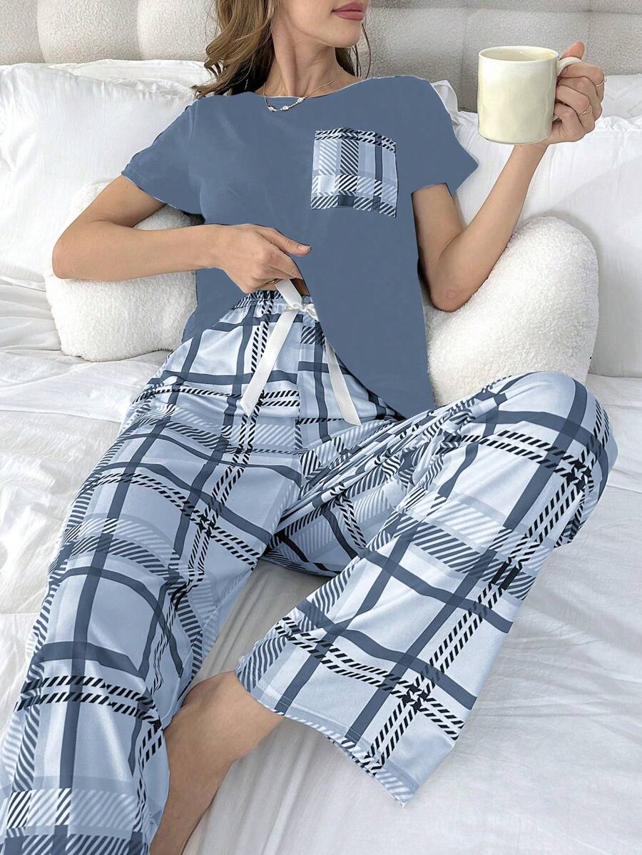 Blue Plaid Short Sleeve Top & Pants Pajama Set For Women - Dusty Blue - View 1