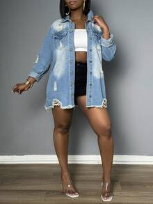 Women Single Breasted Flap Pocket Frayed Hem Ripped Denim Jacket - Light Wash - View 4