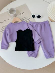 女宝宝休闲可爱针织字母印花无袖背心、短裤、长袖上衣和松紧腰裤套装 - 紫色 - 查看 2