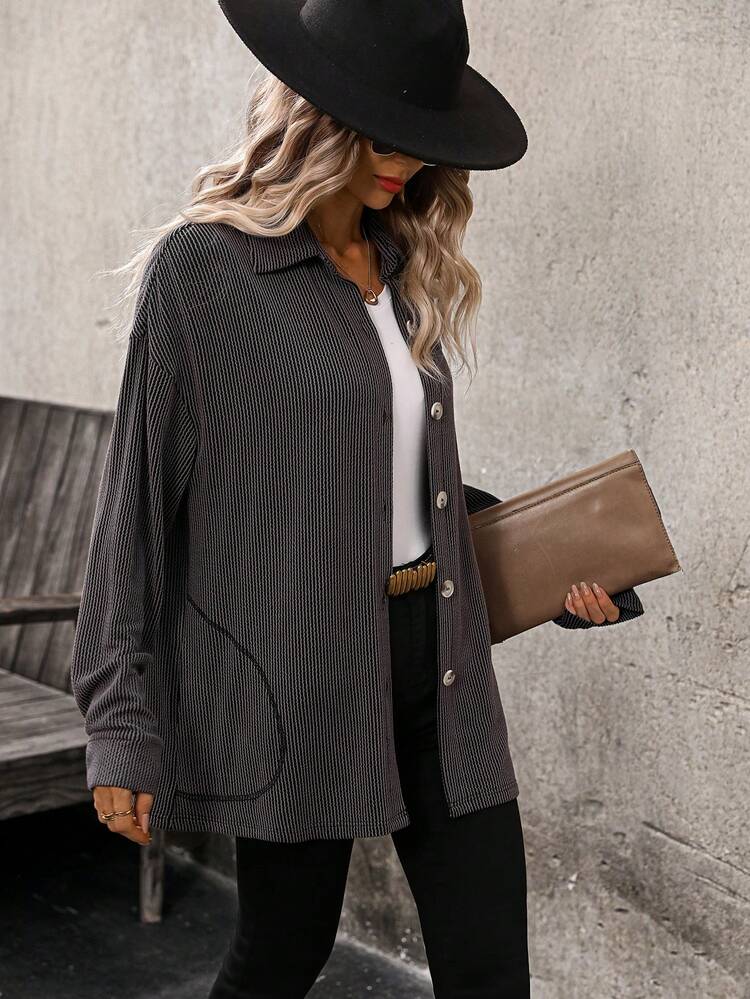 Women's Button-Up Long Sleeve Solid Color Casual Loose Comfy Slouchy Jacket
