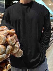 DAZY 男士宽松圆领长袖休闲纯色黑色T恤秋冬 - 黑色 - 查看 4