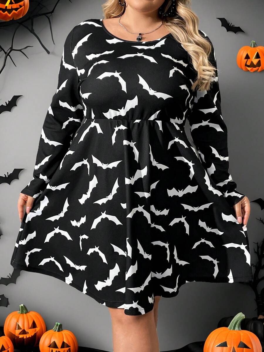 SHEIN CURVE+ Curve Plus Halloween Skull Design Swing Long Sleeve Dress,Ghost Fac,Pumpkin,Spider Hoodie,Witch - Black - View 1