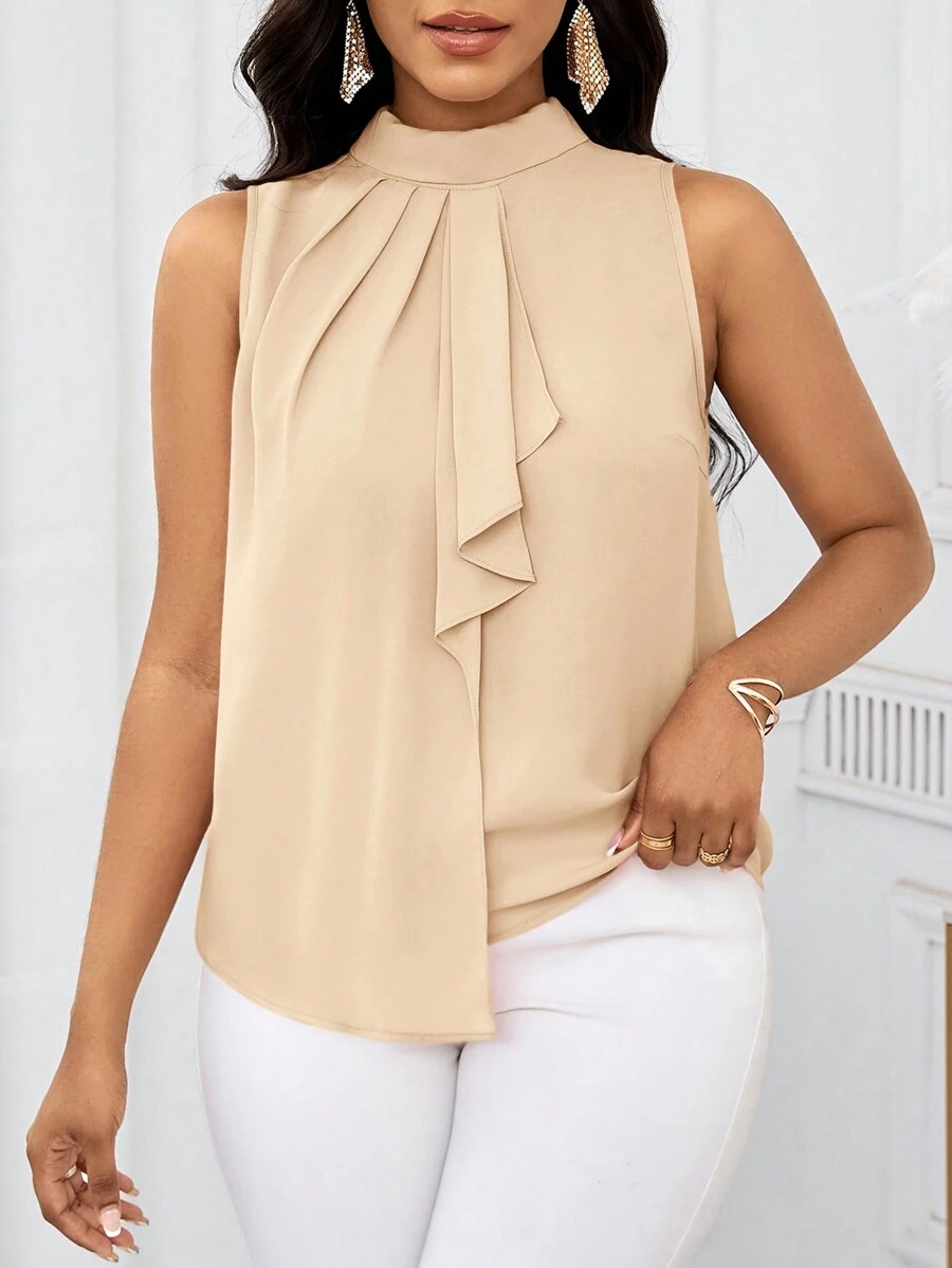 SHEIN Lady Blouse d'été à épaules dénudées et col volant rose pour femmes, Top sans manches - Nude - Voir 1