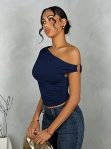 SHEIN BAE 女士纯色褶皱不对称肩部夏季衬衫