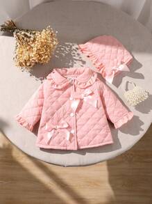 SHEIN Baby Girl Hooded Padded Coat With Bow, Cute And Comfortable Padded Coat 2023/2024 New Collection