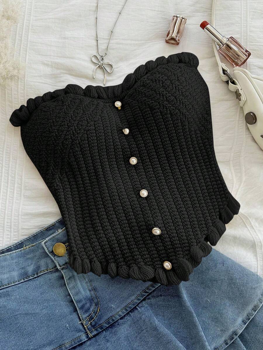 Soleia 休闲荷叶边针织吊带背心 - 黑色 - 查看 1