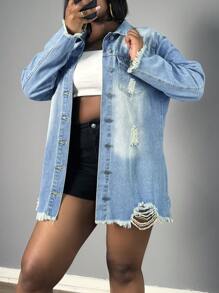 Women Single Breasted Flap Pocket Frayed Hem Ripped Denim Jacket - Light Wash - View 5