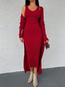 EURMUSE Vestido De Tanque De Punto Acanalado De Un Solo Color Y Conjunto De Dos Piezas De Cárdigan - Rojo - Ver 5