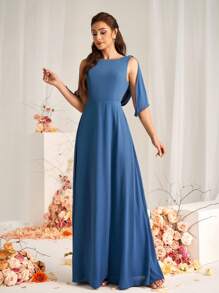 SHEIN Belle 女士优雅浪漫海军蓝深灰色高密度皱褶面料圆领无袖深 V 背心领结插入 A 字下摆伴娘礼服适合婚礼活动 - 藍色 - 查看 10