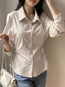 DAZY Camisa de mujer de unicolor, estilo de negocios casual con cuello de solapa, manga larga y cintura ceñida, ropa de otoño