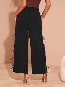 Glamine Fashionable Casual Plain Textured Woven Trousers With Bow Tie Decoration Loose Autumn Women's Trousers Fall Cloth For Women - Black - View 2