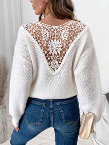 SHEIN LUNE pull élégant pour femmes avec col rond, épaules tombantes et contraste de dentelle, pour l'automne et l'hiver