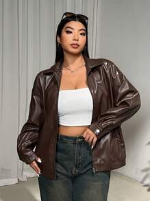 SHEIN EZwear Plus Size Women Brown PU Leather Zipper Lapel Collar Long Sleeve Pocket Lined Loose Jacket Coat, Suitable For Daily Casual, Party & Dating, Halloween Clothes - Rust Brown - View 2