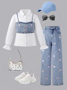 SHEIN Conjunto de ropa informal de 3 piezas para niña preadolescente, estilo Y2K, con camiseta de tirantes con bordado de corazón a juego con camisa y jeans