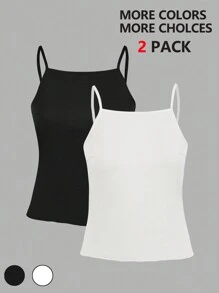 SHEIN BASICS 2 Stücke legere einfarbige Damencamisoles mit offenem Rücken und Spaghetti Trägern, sexy Camisole Oberteil - Schwarz und Weiss - Übersicht 3