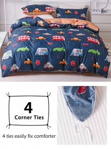 3 件汽车图案印花羽绒被套套装，可爱卡通返校宿舍床上用品套装，四季皆宜，柔软透气，可机洗（1 个羽绒被套 + 2 个枕套）