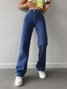 EURMUSE 女款直筒牛仔褲 - 寶藍色 - 查看 5