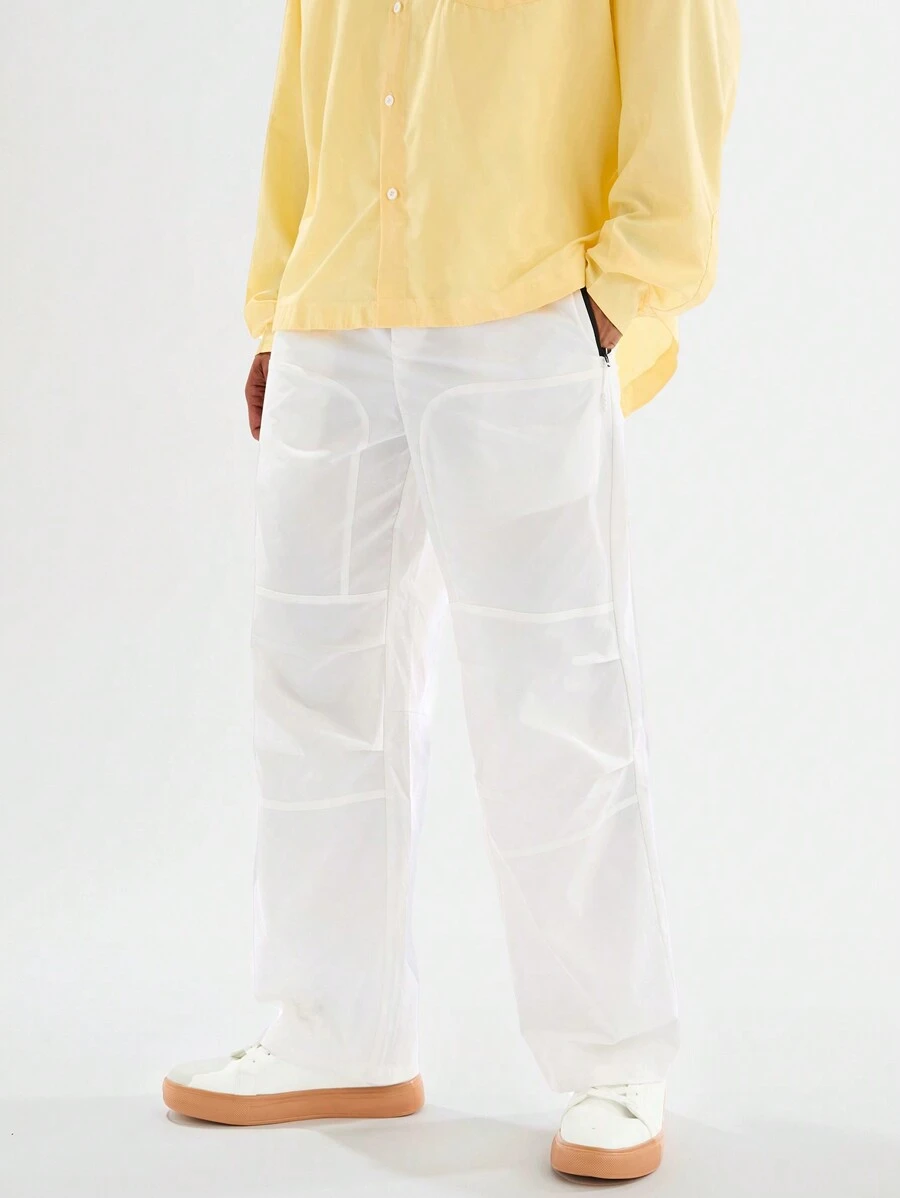 Mainfolk Men's Woven Casual Loose Straight Leg Pants, Elastic Waist, Solid Color - White - View 1