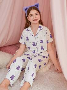 SHEIN Tween Girl 熊印花 V 领短袖衬衫和宽松长裤休闲家居服套装 - 紫色 - 查看 3