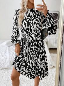 SHEIN LUNE Women Casual Commuter Elegant Ruffle Collar Long Sleeve Ruffle Cuff Leopard Print Polka Dots Mid-Length Dress - Black - View 4