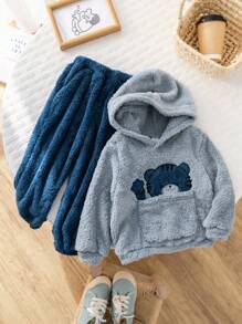 SHEIN 2 pièces/Ensemble Pull épais en polaire et pantalon, style preppy pour garçons enfants - Bleu azur - Voir 2
