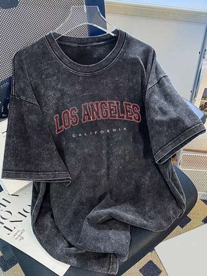 Manfinity Joysei Men Vintage Oversized Black Marled Los Angeles Letter Graphic Short Sleeve T-Shirt, Boyfriend Gift, For Going Out