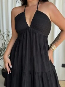 SHEIN CURVE+ 大码女式雪纺露背长款秋千连衣裙，白色，适合度假、婚礼、郊游、海滩约会波西米亚风度假