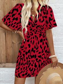 Breezaya V-Neck Short Sleeve Allover Print Ruched Hem Casual Mini Dress (Allover Print Pattern Asymmetric) - Red - View 5