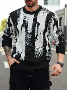 Manfinity LEGND Plus Size Men's Crew Neck Allover Print Long Sleeve Casual Loose Comfortable Fashionable Sweater