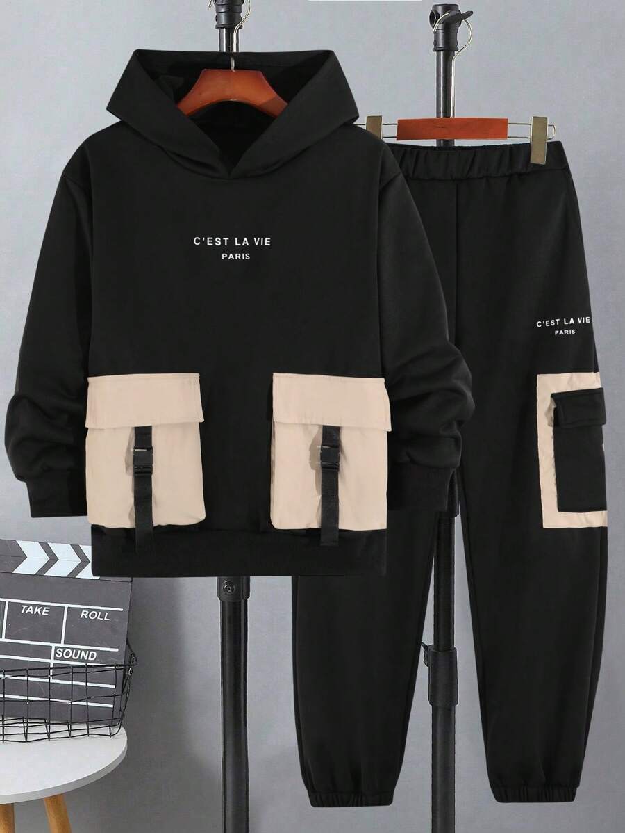 SHEIN Áo nỉ trùm đầu phối màu thời trang phong cách Hàn Quốc dành cho bé trai tuổi teen và quần nỉ Cargo mặc thường ngày - màu đen - Xem 1