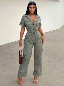 Zolique Women's Solid Color Front Button Jumpsuit With Pockets, Short Sleeves, Summer