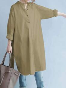 Women's Solid Button Front Curved Hem Shirt Dress Long Sleeve Fashion Casual For Spring, Autumn