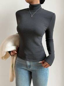 SHEIN BASICS Basic Turtleneck Slim Long Sleeve Solid Color Women's Top For Fall And Winter, Upgraded Thermal Lined Warm Fabric, Stylish, Casual, Comfortable, Versatile Without Looking Bulky