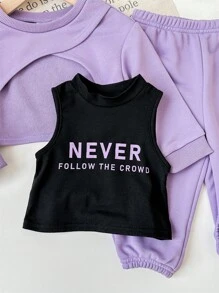 女宝宝休闲可爱针织字母印花无袖背心、短裤、长袖上衣和松紧腰裤套装 - 紫色 - 查看 5