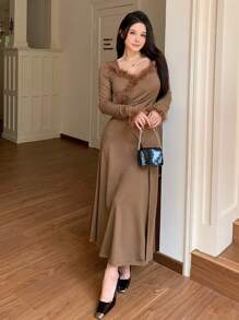 DAZY 女式毛绒拼布长袖衬衫休闲长裙，秋季服装 - 棕色 - 查看 7