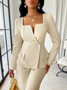 SOLERSUN Solid Color Square Neck Double Breasted Flap Detail Blazer Fall Cloth For Women - Beige - View 6