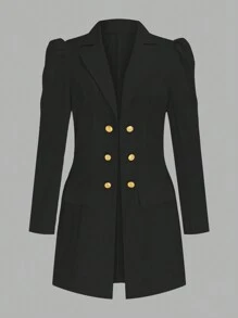 SHEIN LUNE Áo khoác blazer thanh lịch tay bồng hai hàng khuy màu trơn cỡ lớn cho nữ, mùa xuân thu - màu đen - Xem 1