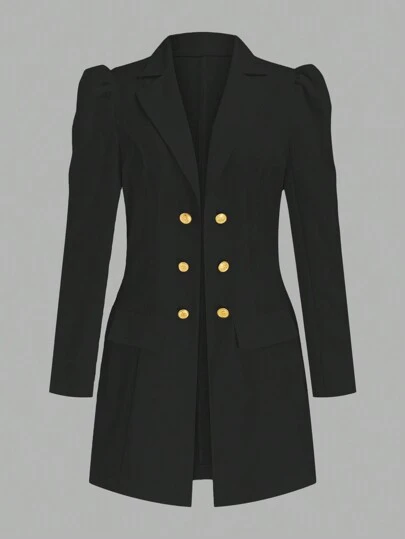 SHEIN LUNE Blazer elegante con mangas abullonadas de doble botonadura y solapa para mujer de talla grande, unicolor, primavera y otoño