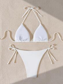 Swim SXY Sexy Faux Pearl Decor Lace-Up Halter Bikini (Micro-Triangle) Summer - White - View 6