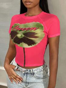 Slaydiva Streetwear décontracté et sexy, t-shirt à col rond à impression florale tout-aller rose rouge, blouse transparente à imprimé maillé pour femmes