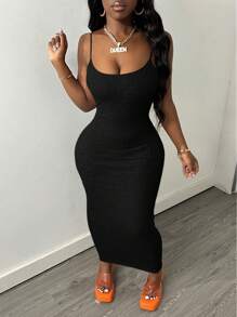 Slaydiva Vestido Casual de Rua Sexy Básico Cinza Canelado com Alças Finas para Mulheres - Preto - Visão 1