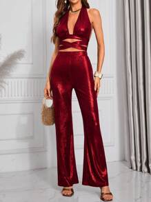 Zolique 2pcs Set Of Sexy Solid Color Backless Halter Neck Top And Pants, Summer - Burgundy - View 8