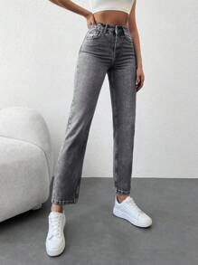 SHEIN Cottnline 女式高腰直筒纯色七分牛仔裤 - 深灰色 - 查看 4