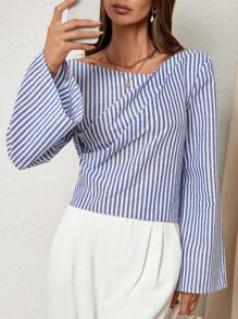 SHEIN Privé Blusa casual con cuello asimétrico minimalista de manga larga para mujeres